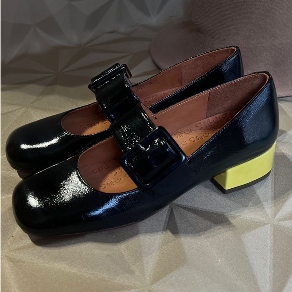 Chie Mihara black leather yellow block heel Mary Janes luxury made in Spain - Picture 4 of 10